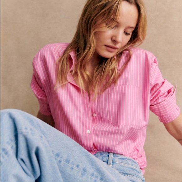 Sezane Max Oversized Button Down Ecru Pink Stripe Blouse - Picture 1 of 5